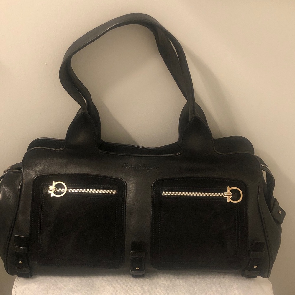 Salvatore Ferragamo Black Leather & Suede East/West Bag